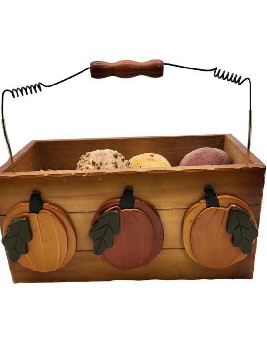 Other - Rustic Wooden Pumpkin Basket With Sugared Gourds & Wire Handle